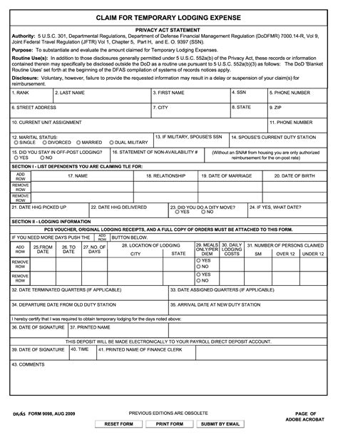 Dfas Form 9098 Claim For Temporary Lodging Expense Forms Docs 2023