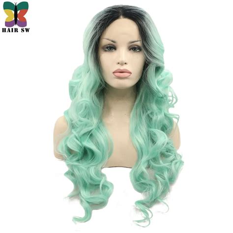 Hair Sw Long Wavy Synthetic Lace Front Wigs Light Green 150 Heavy