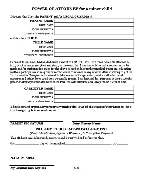 Printable Power Of Attorney Form For Child Printable Forms Free Online