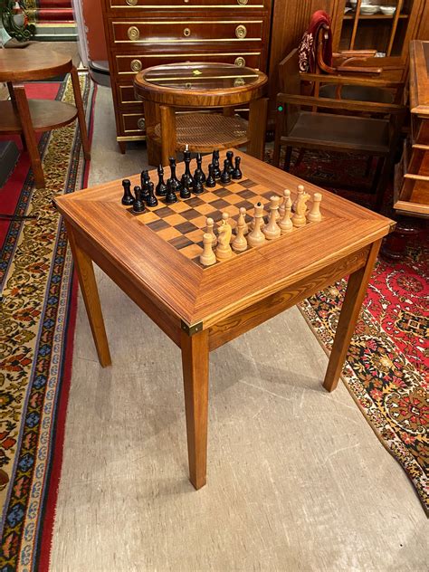 Antique Chess Table Wood Inlay Idla Antiik