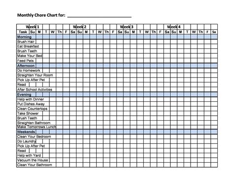 Free Monthly Chore Chart Template Printable Templates