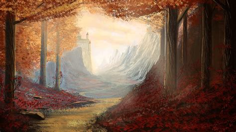 Wallpaper Digital Art Forest Trees Fantasy Art Illustration Painting Fall Fallen Leaves
