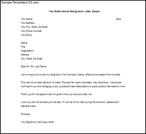 Use our 10 proven two weeks notice letter tips and our 3 customizable templates to nail your two weeks notice and secure a positive employment the purpose of this letter is to give two weeks notice of my resignation from company name. Printable Two Weeks Notice Resignation Letter Sample ...