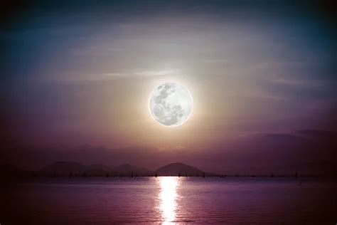 Romantic Scenic With Full Moon On Sea To Night Reflection Of Moon