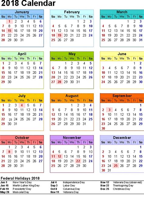 2018 Yearly Calendars With Holidays Activity Shelter