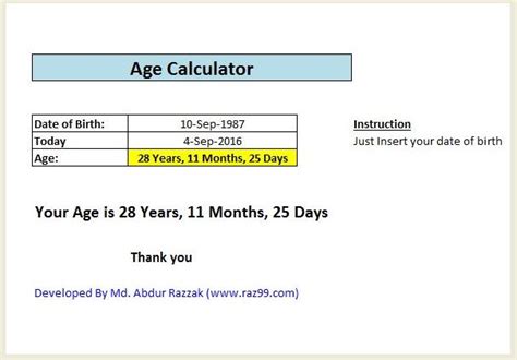 Age Calculator Years Months Days Freelance Web Excel Powerpoint Pro