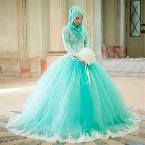 Elegant Teal Applique Puffy Long Sleeve Muslim Wedding Dresses 2016 Ball Gown Dubai Saudi Arabia