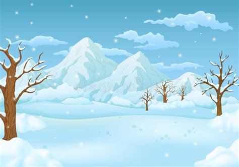 Paisaje De Caricatura De Invierno Con Los Pinos Cielo Azules Deriva Y