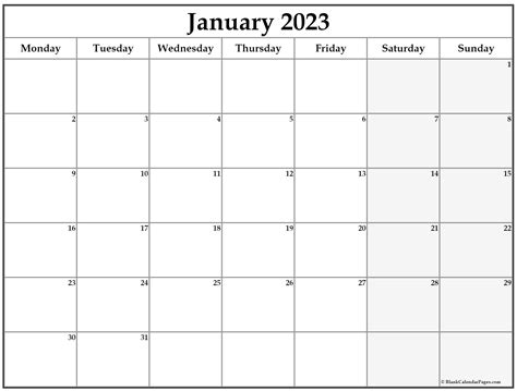 January Monday 2022 Blank Calendar Calendar Quickly January 2022 Free