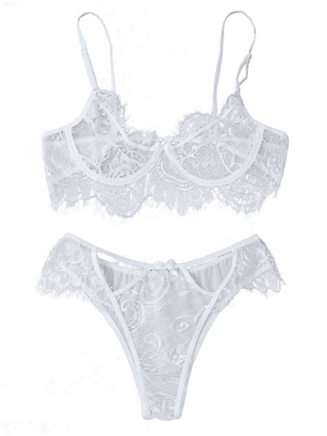 Underwire Sheer Lace Bra And Panty White L White Panties White