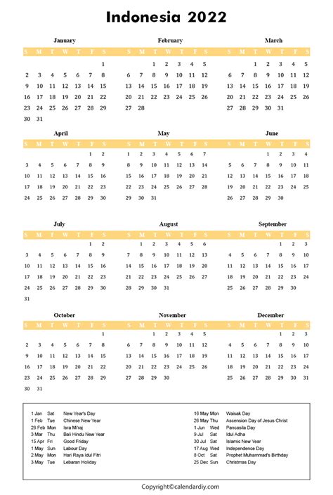 Indonesia 2022 Calendar With Holidays Template Pdf