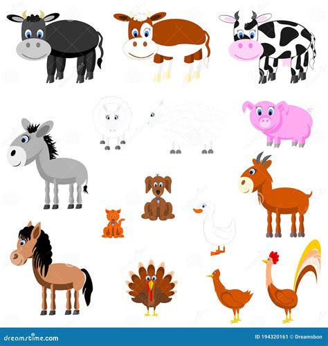Cute Farm Animal Icon Set Collection Of Cows Donkey Horse Sheep Pig