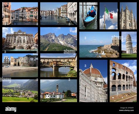 Italy Tourism Attractions Travel Photo Collage With Rome Venice Florence Milan Pisa