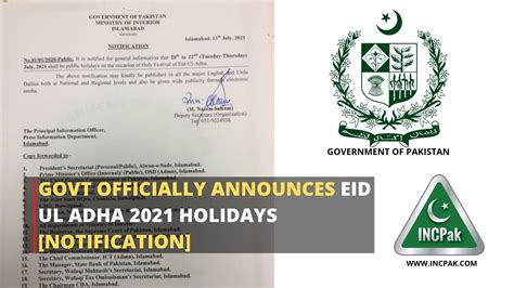 Govt Officially Announces Eid Ul Adha 2021 Holidays Notification Incpak