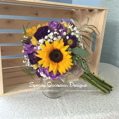 Add light and dark shades of purple daisies to your bouquet. Purple and sunflower rustic bouquet. Sunflowers, asters ...