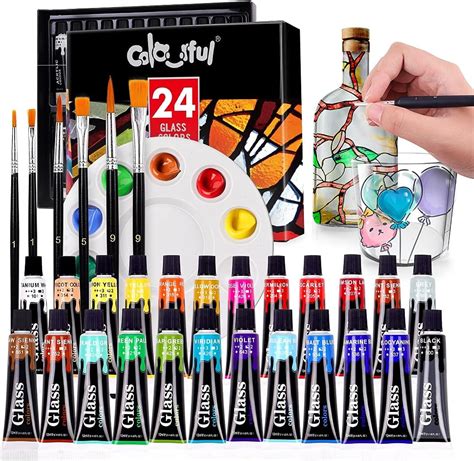 Colorful Stain Glass Paint Set With 6 Brushes 1 Palette 24 Color Waterproof