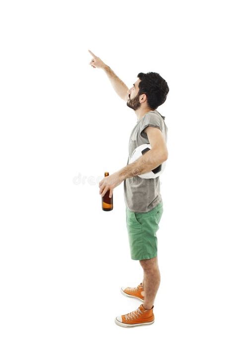 Young Man Holding Ball And Beer Pointing Stock Photo Image Of Bottle
