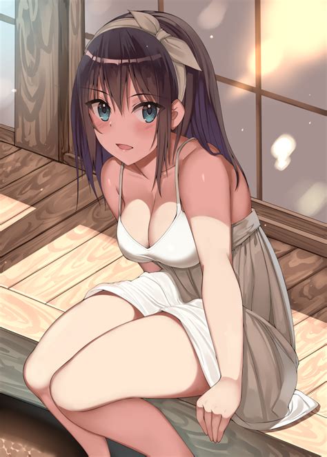 Rule 34 Bare Arms Bare Shoulders Blue Eyes Blush Breasts Brown Hair Camisole Clavicle Cleavage