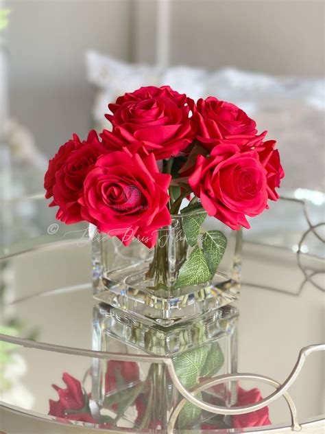 Red Real Touch Roses Arrangement Artificial Faux Centerpiece Natural