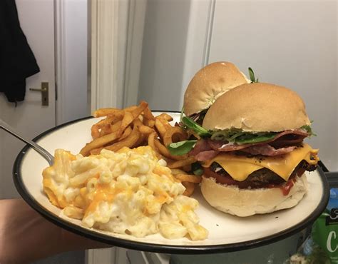 Homemade Bacon Cheeseburger With Curly Fries And Mac N Cheese Food
