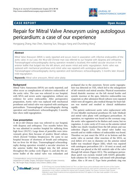 Pdf Repair For Mitral Valve Aneurysm Using Autologous Pericardium A