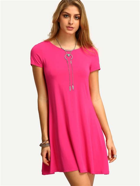 Hot Pink Short Sleeve Casual Shift Dress Emmacloth Women Fast Fashion Online