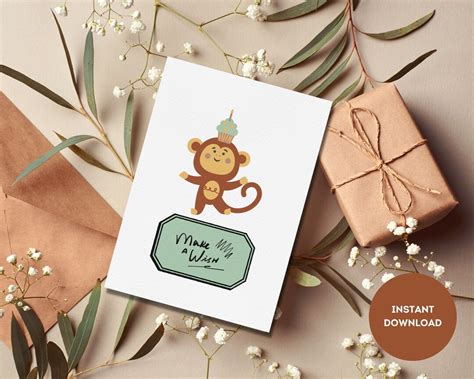 Cute Baby Monkey Greeting Card Printable Happy Birthday Card Etsy