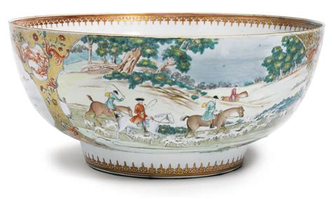 886 A Large Chinese Export Porcelain Famille Rose Hunting Punch Bowl Circa 1775