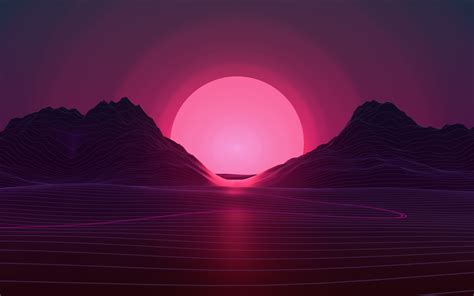 Download Sunset 4k Pink Sun Abstract Landscape Neon Lights Art By