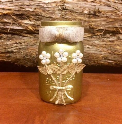 Gold Mason Jar Rustic Wedding Decor Golden Anniversary Centerpiece