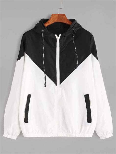 color block drawstring hooded zip up jacket shein sheinside