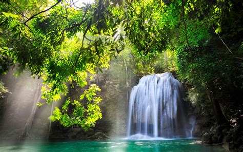 Kanchanaburi Thailand Waterfall Nature Sunlight Water