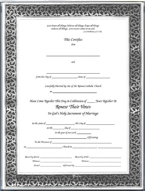 Keepsake Catholic Renewal Of Marriage Vows 85 X 11 Inch Certificate