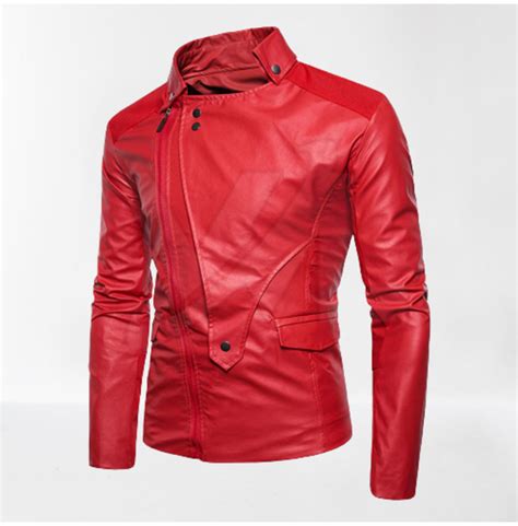 Red Leather Slim Fit Biker Leather Jacket For Men Biker Racer Jacket Footeria