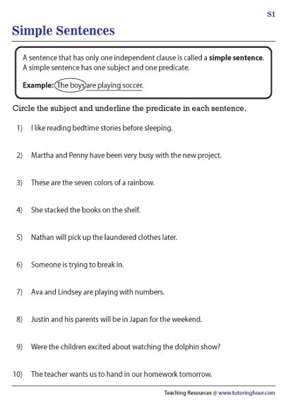 Simple Sentence Worksheets