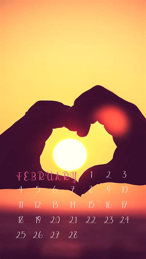 February 2018 Calendar Hand Heart Photo Sunset Wallpaper For Phone