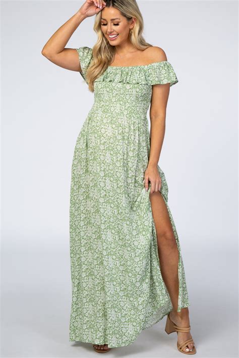 green floral ruffle off shoulder maternity maxi dress pinkblush