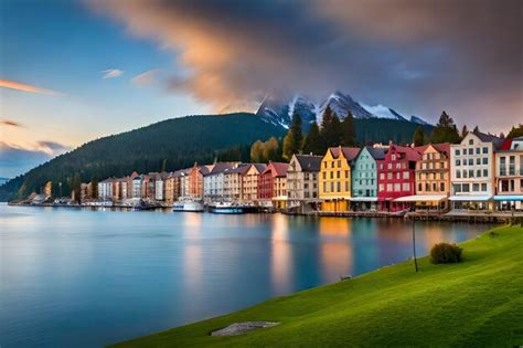Premium Ai Image Colorful Houses Along The River At Sunset