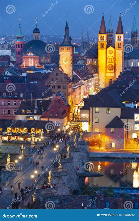 Aerial View To City Wurzburg In Germany At Night Editorial Stock Image