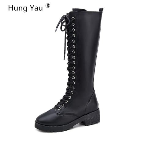 Hung Yau Shoes For Women Boots Thick Bottom Round Toe Boots Flats Lace Up Lady Mid Calf Boots