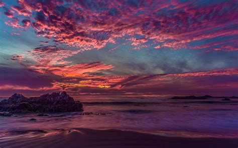 Wallpaper Landscape Sunset Sea Bay Rock Shore Clouds Beach