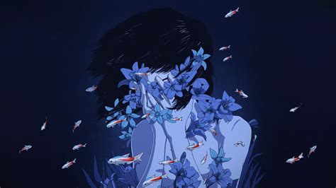 Dark Hair Louis Picard Blue Fish Anime Anime Girls Flowers