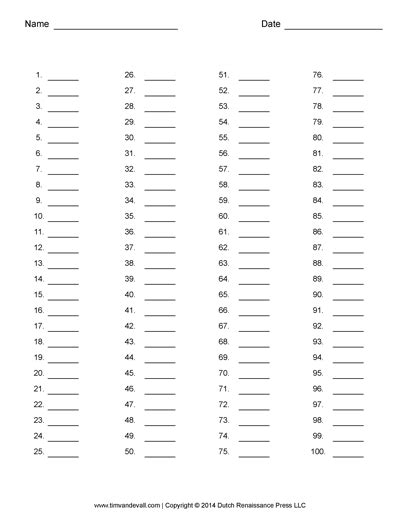 Free Printable 100 Answer Sheet