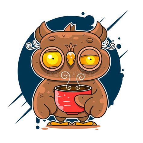 Owl Drinking Coffee And Can T Sleep Vector Flat Style Illustration