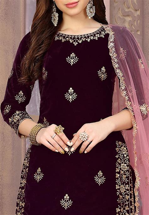Buy Embroidered Velvet Punjabi Suit In Wine Online Kch4619 Utsav