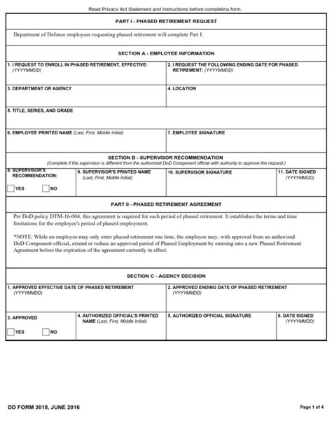 Dd Form 3018 Phased Retirement Request And Agreement Dd Forms