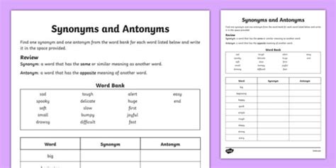 Review: Synonyms And Antonyms Worksheets | 99Worksheets