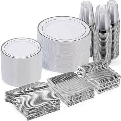 600 Piece Silver Dinnerware Set 100 Silver Rim 10 Inch