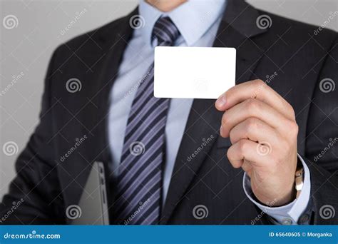 Businessman Holding White Business Card Stock Image Image Of