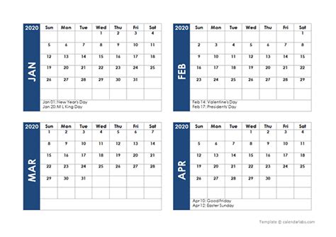 2020 Four Month Calendar Template Free Printable Templates
